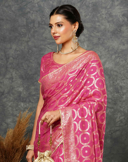Sudathi Bright Pink Woven Banarasi Cotton Saree - PUSHMYCART