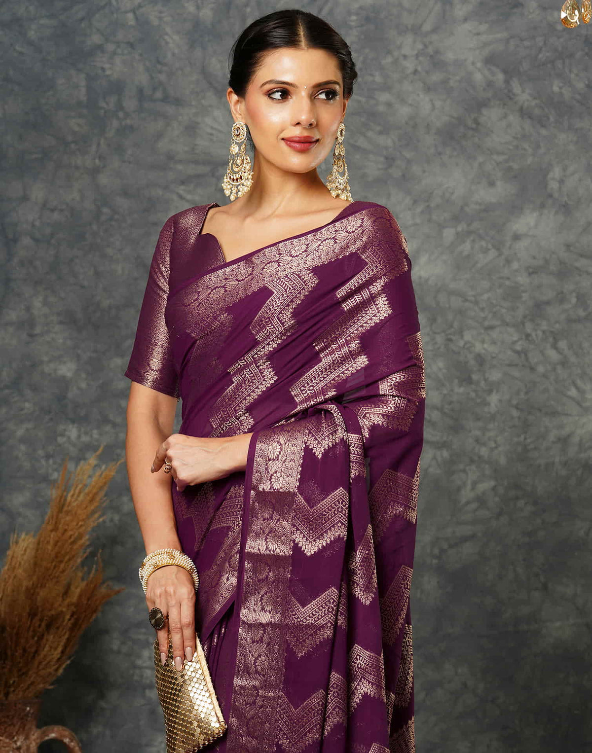 Sudathi Wine Woven Banarasi Georgette Saree - PUSHMYCART