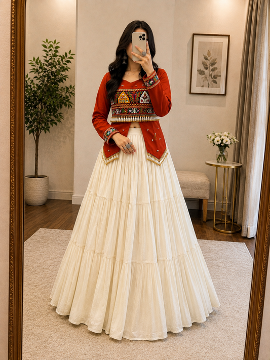 Ethenika Pure Cotton Kodi Gamthi Hand Embroidered Designer Lehenga Choli - 9 Meter Flair