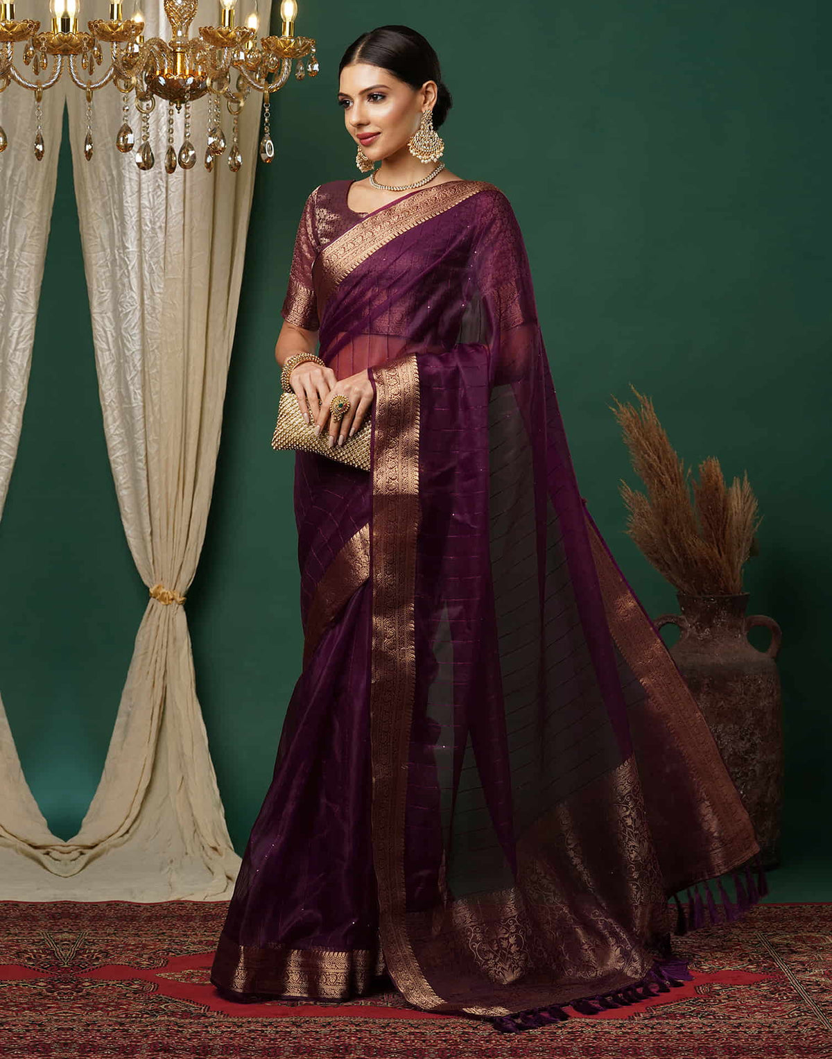 Sudathi Wine Woven Organza Saree - PUSHMYCART