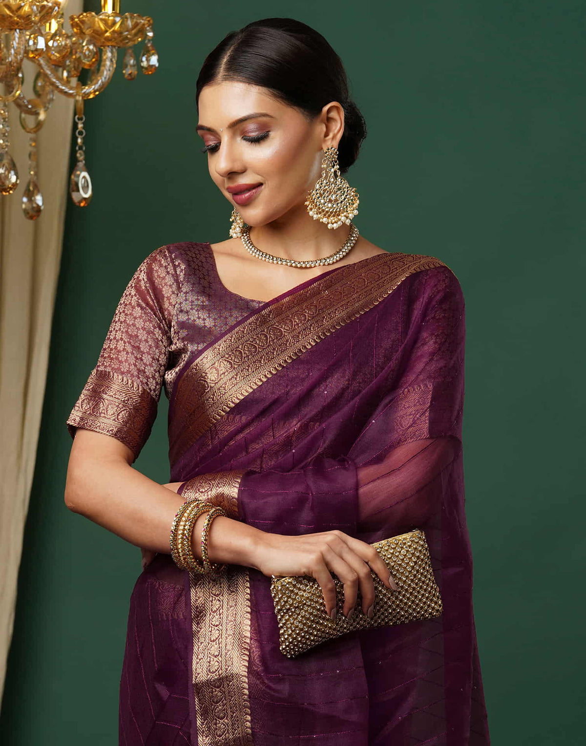 Sudathi Wine Woven Organza Saree - PUSHMYCART