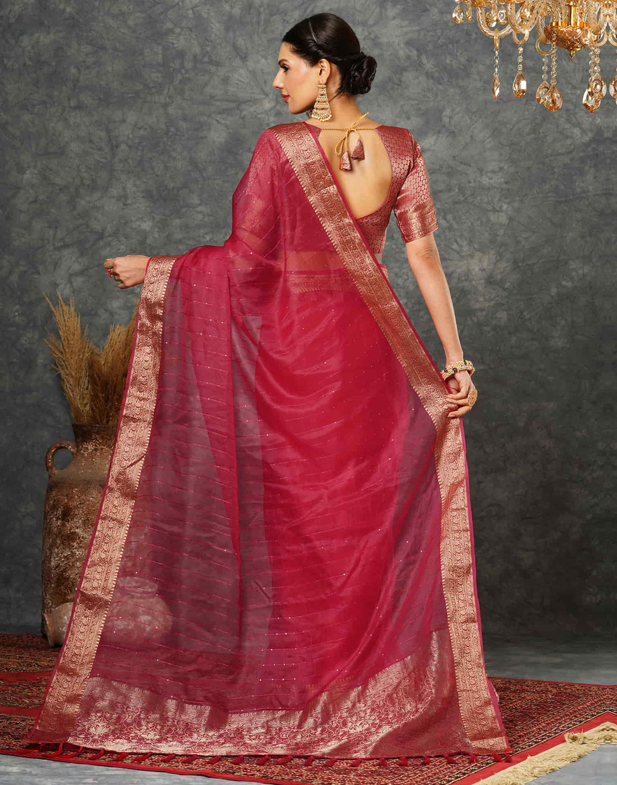 Sudathi Rani Pink Woven Organza Saree - PUSHMYCART