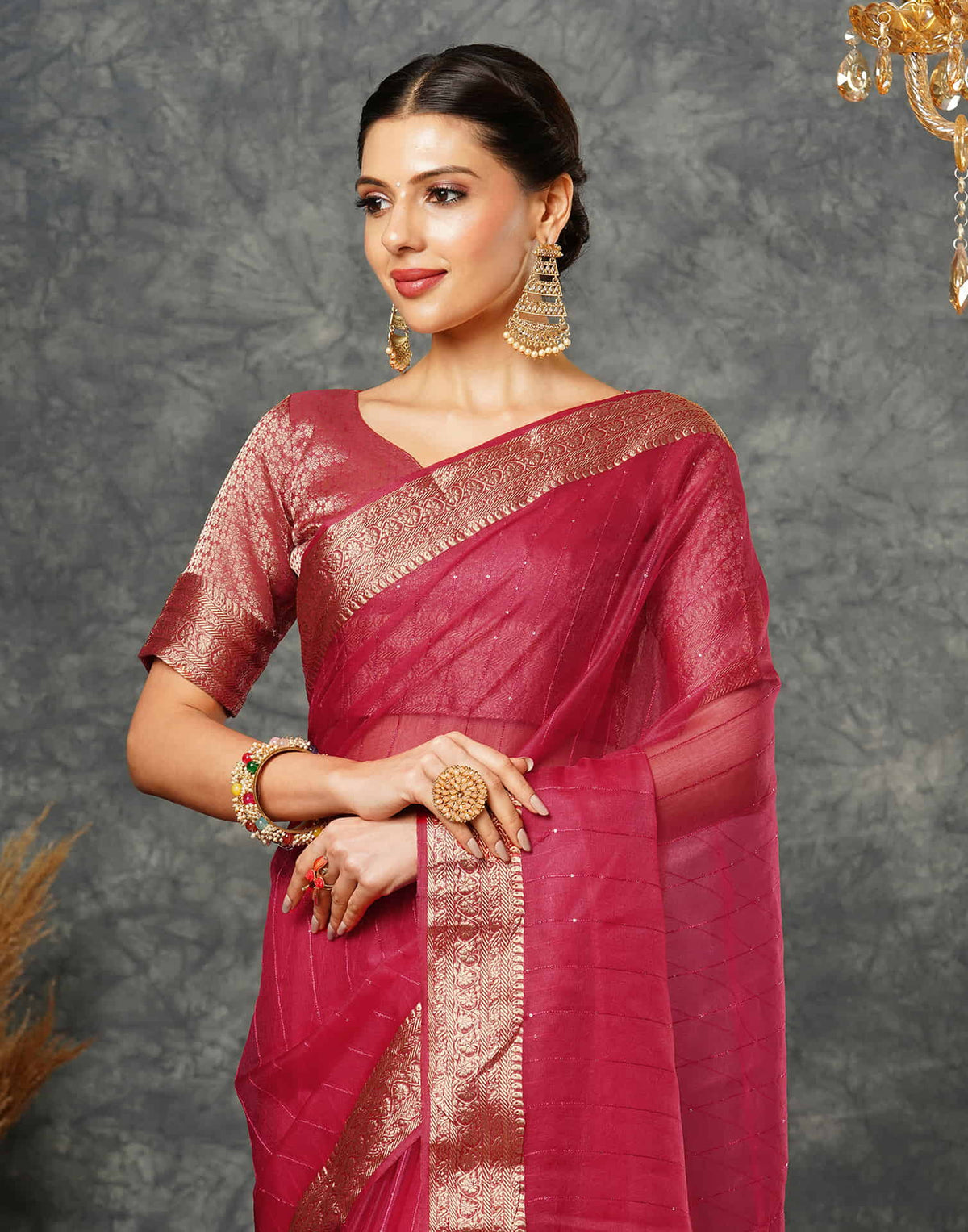Sudathi Rani Pink Woven Organza Saree - PUSHMYCART