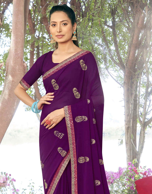 Sudathi Dark Purple Embroidery Georgette Saree - PUSHMYCART