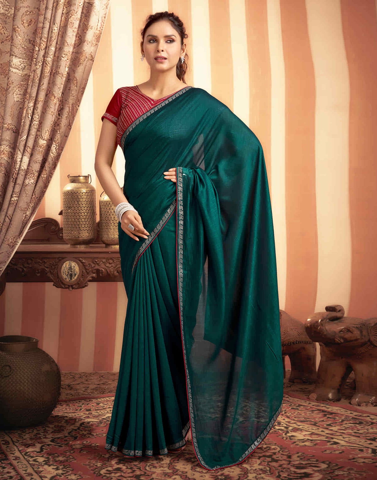 Sudathi Rama Green Stone Work  Embellished Silk Saree