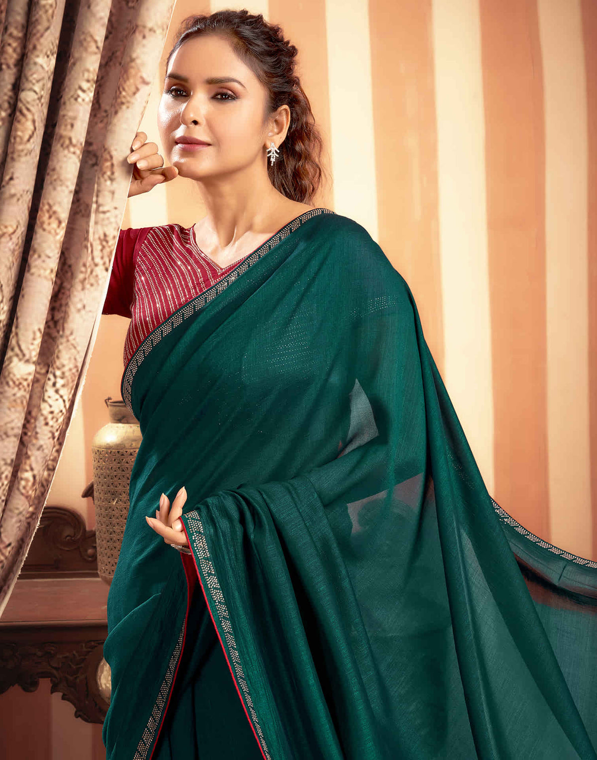 Sudathi Rama Green Stone Work  Embellished Silk Saree - PUSHMYCART