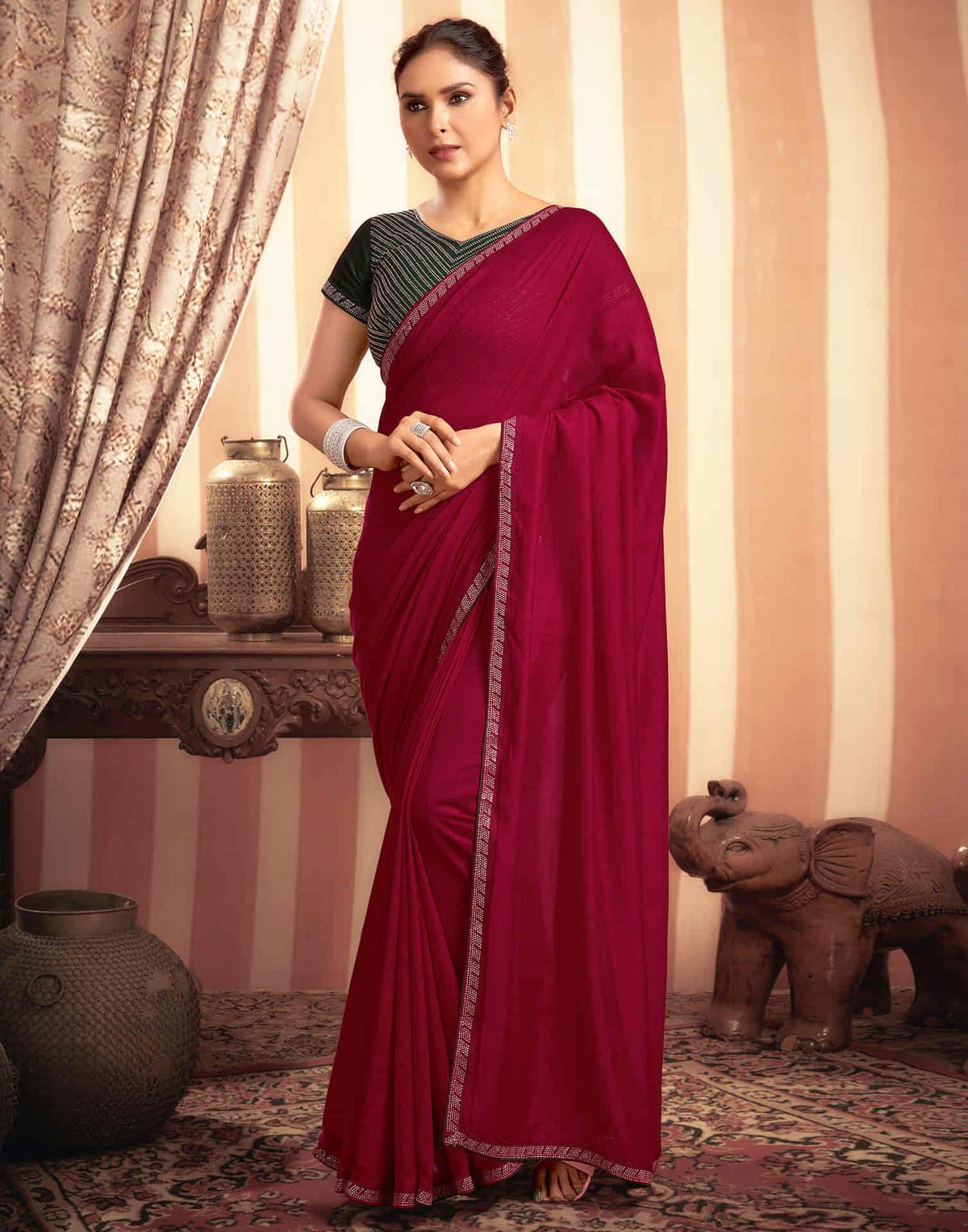 Sudathi Cherry Red Stone Work  Embellished Silk Saree - PUSHMYCART