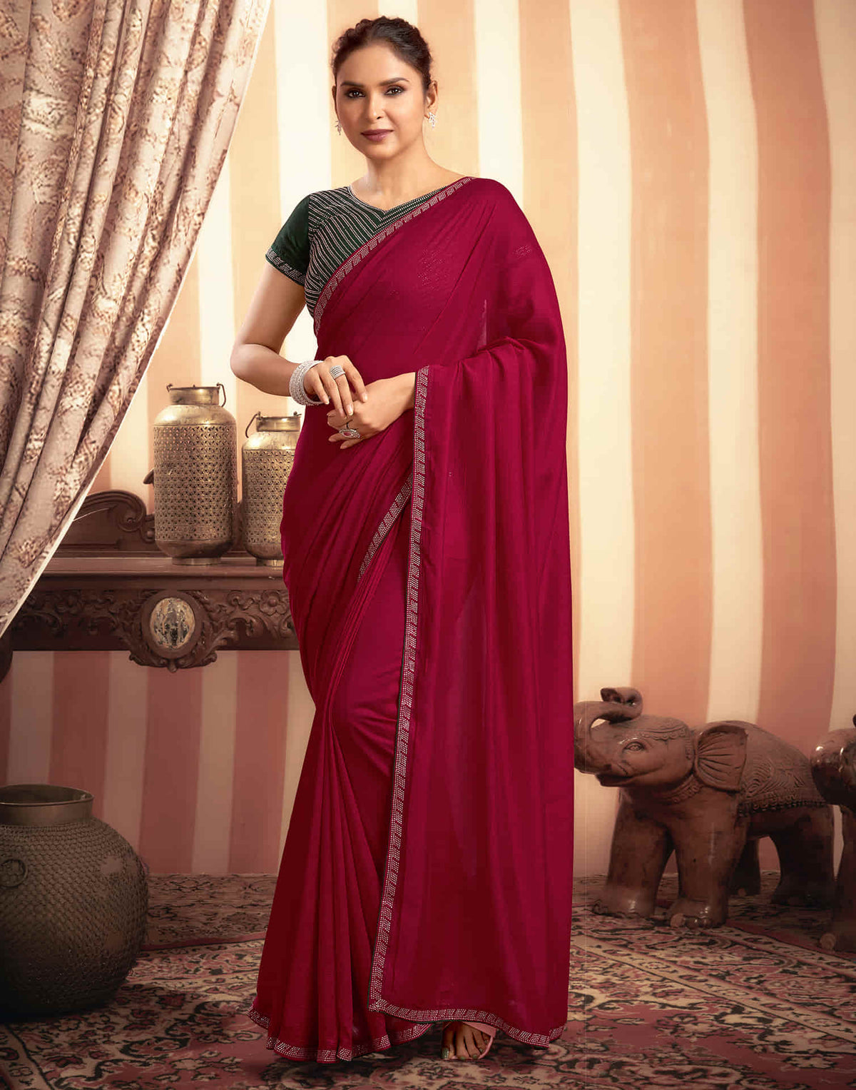 Sudathi Cherry Red Stone Work  Embellished Silk Saree - PUSHMYCART