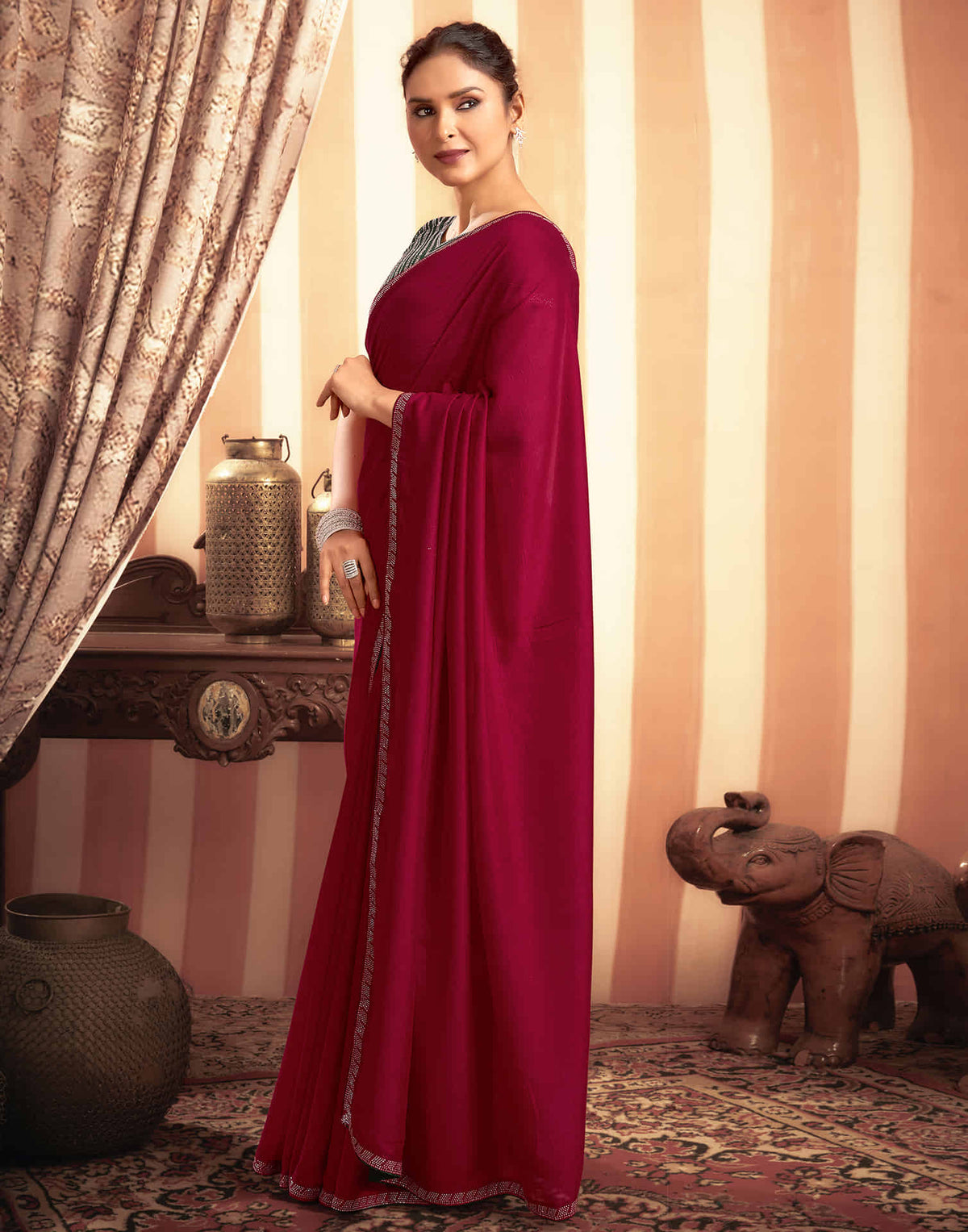 Sudathi Cherry Red Stone Work  Embellished Silk Saree - PUSHMYCART