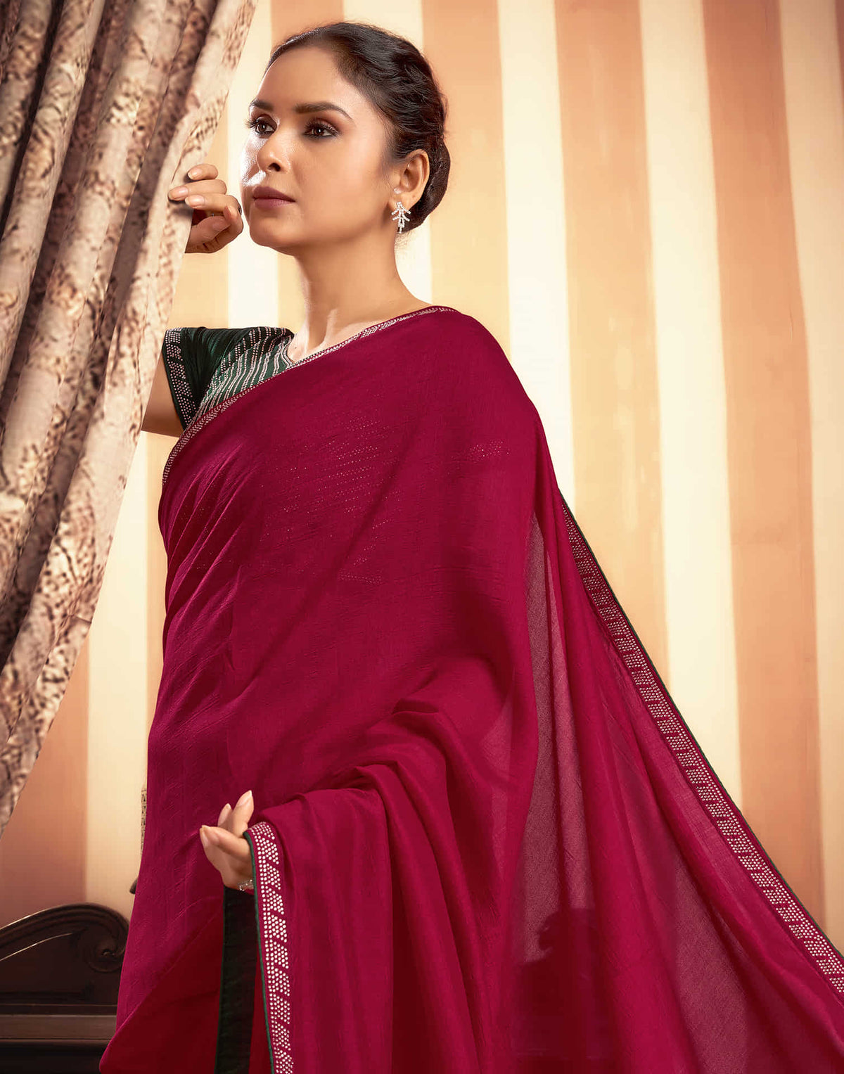Sudathi Cherry Red Stone Work  Embellished Silk Saree - PUSHMYCART