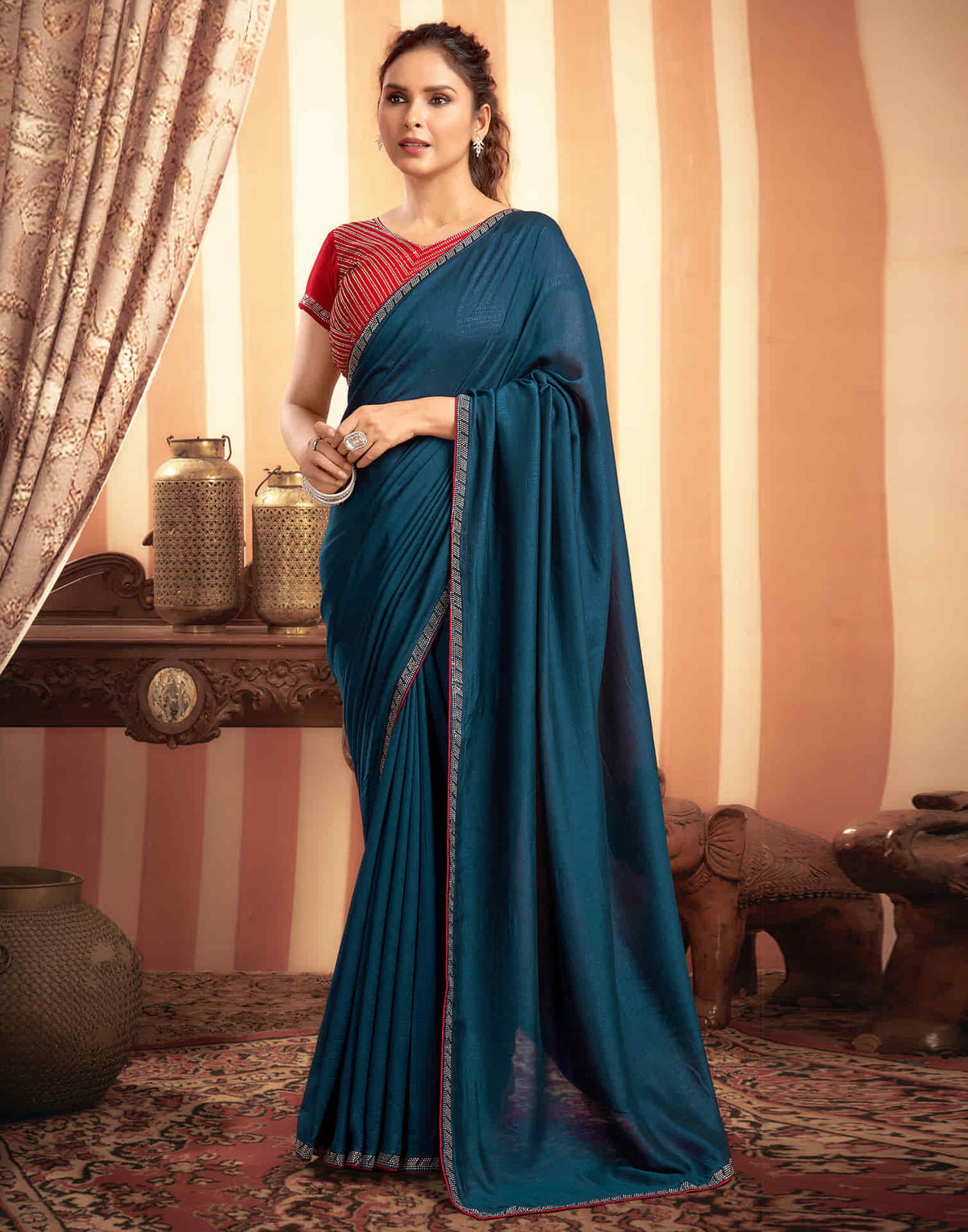 Sudathi Rama Blue Stone Work  Embellished Silk Saree