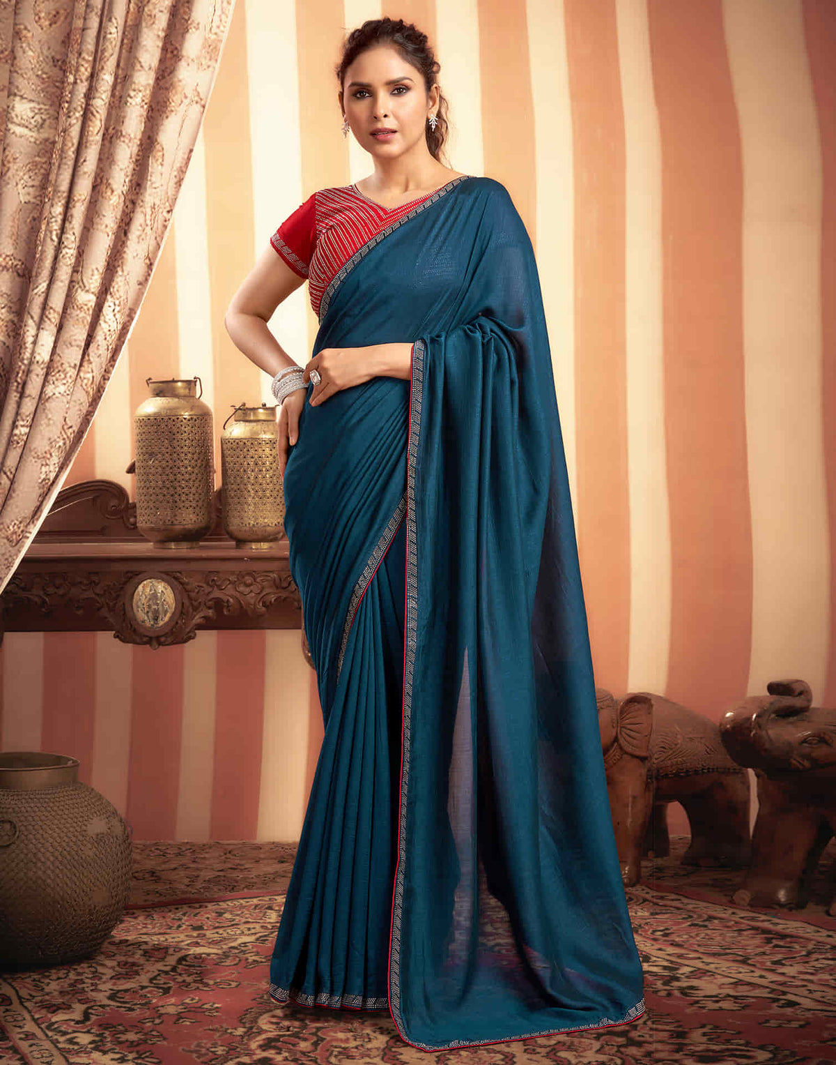 Sudathi Rama Blue Stone Work  Embellished Silk Saree - PUSHMYCART