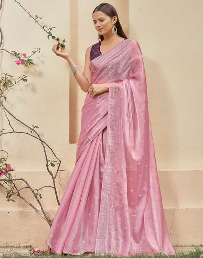 Sudathi Light Pink Stone Work Embellished Silk Saree