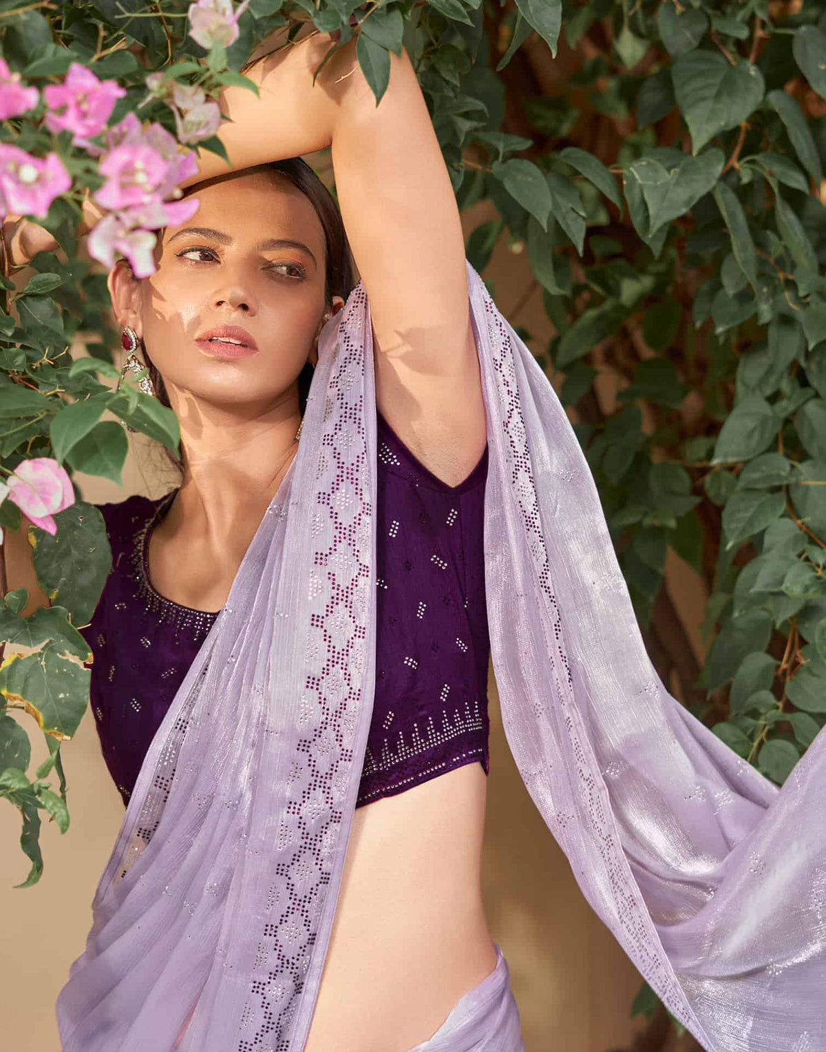 Sudathi Lavender Stone Work Embellished Silk Saree - PUSHMYCART