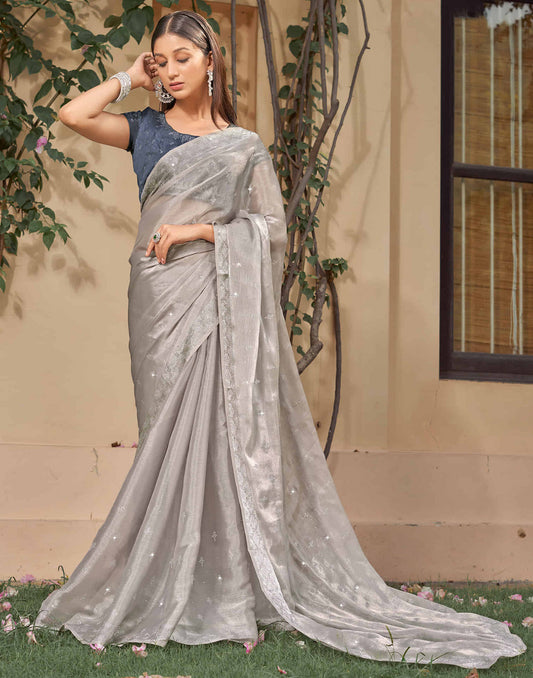 Sudathi Grey Stone Work Embellished Silk Saree
