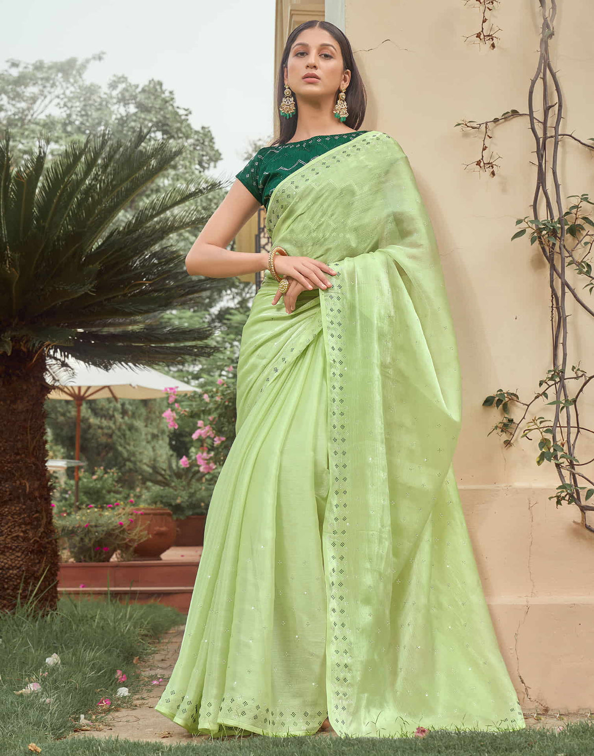Sudathi Light Green Stone Work Embellished Silk Saree