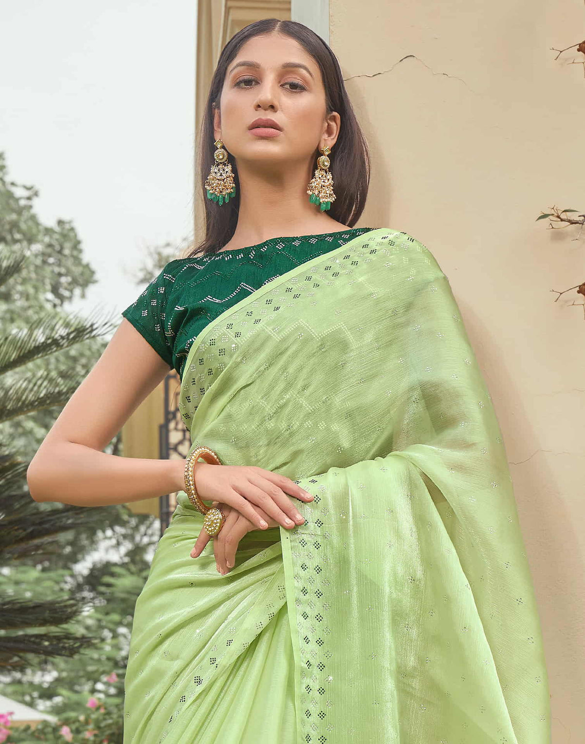 Sudathi Light Green Stone Work Embellished Silk Saree - PUSHMYCART