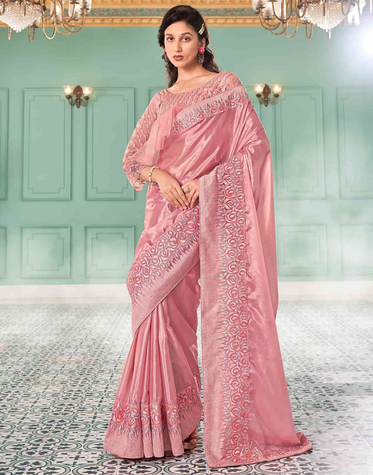 Sudathi Rose Pink Embroidery Silk Saree
