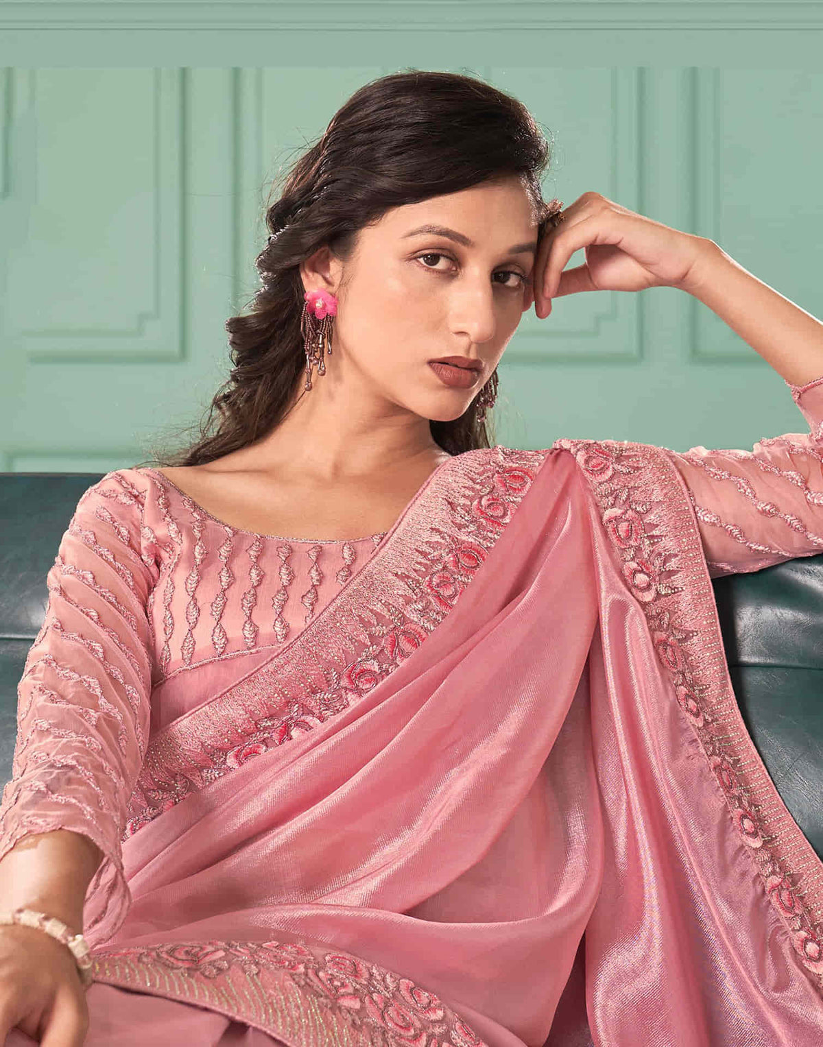 Sudathi Rose Pink Embroidery Silk Saree - PUSHMYCART