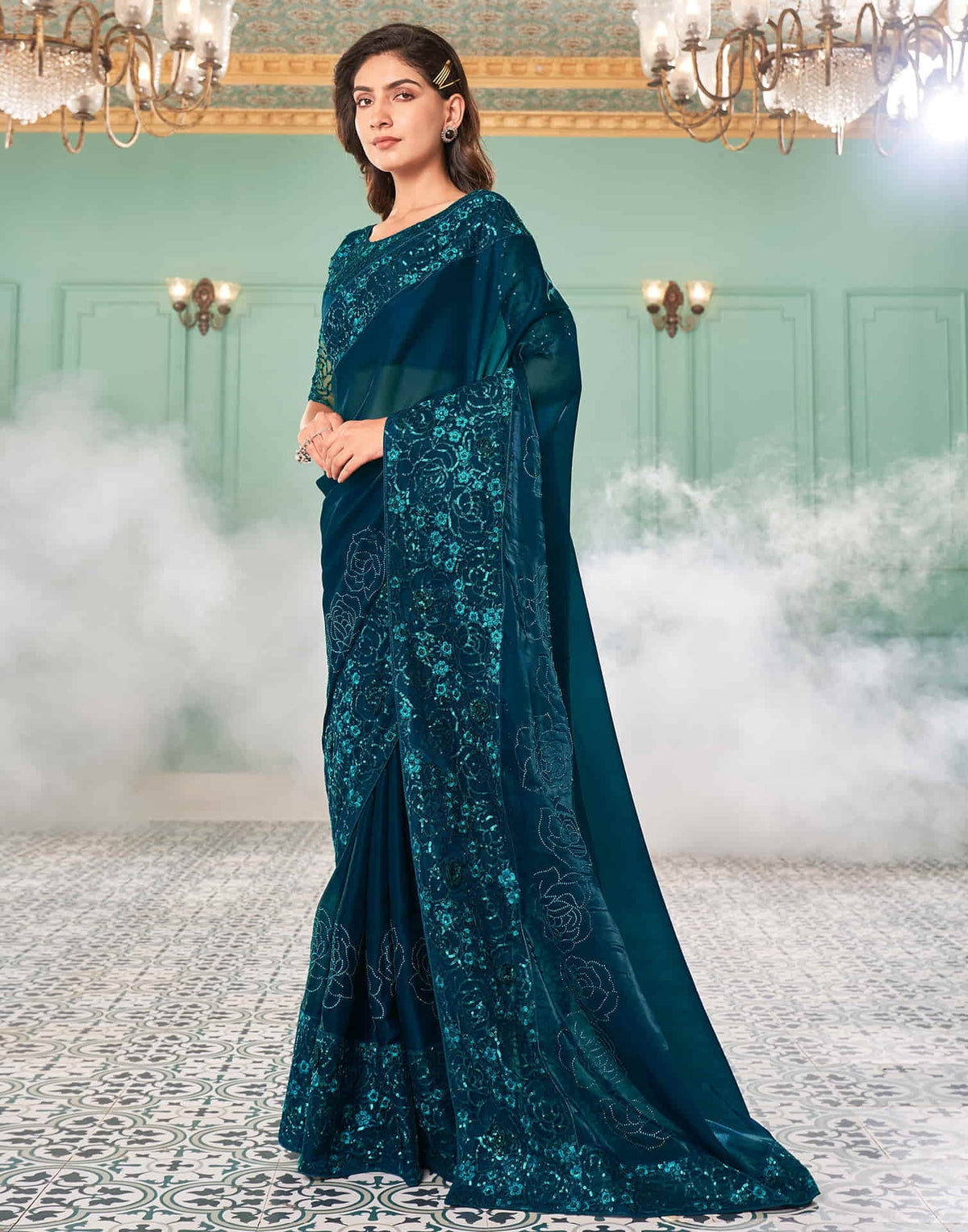 Sudathi Rama Blue Sequence Embroidery Silk Saree