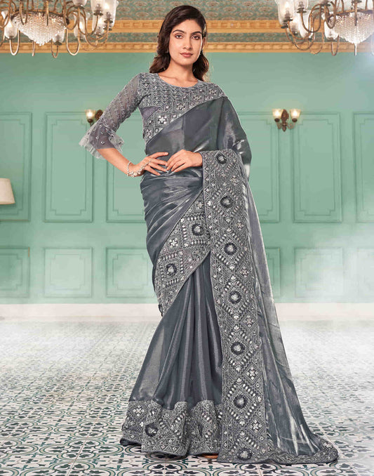 Sudathi Grey Sequence Embroidery Silk Saree