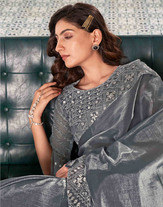 Sudathi Grey Sequence Embroidery Silk Saree - PUSHMYCART