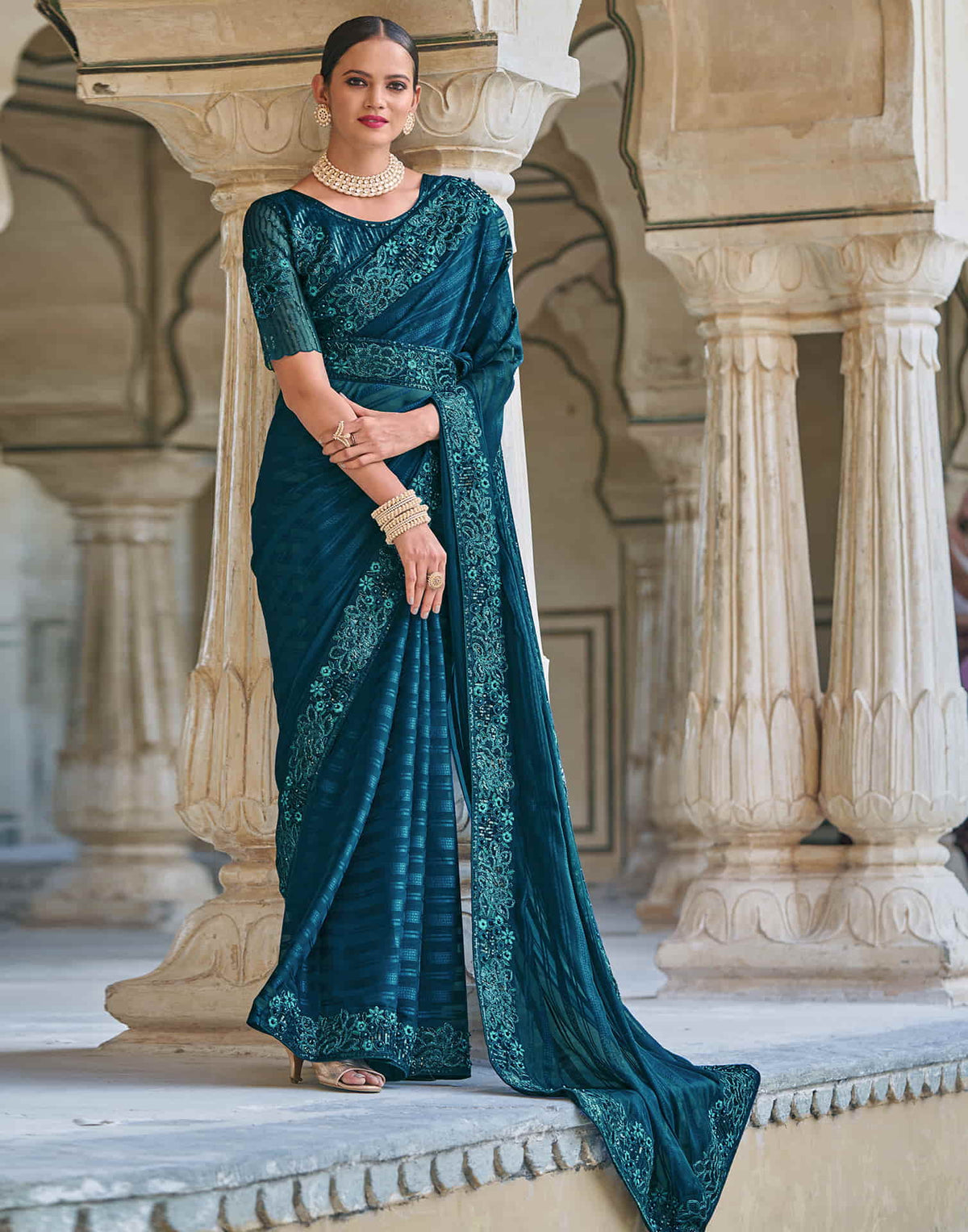 Sudathi Rama Blue Sequence Embroidery Chiffon Saree
