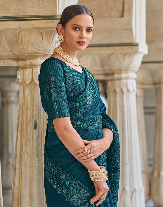 Sudathi Rama Blue Sequence Embroidery Chiffon Saree - PUSHMYCART