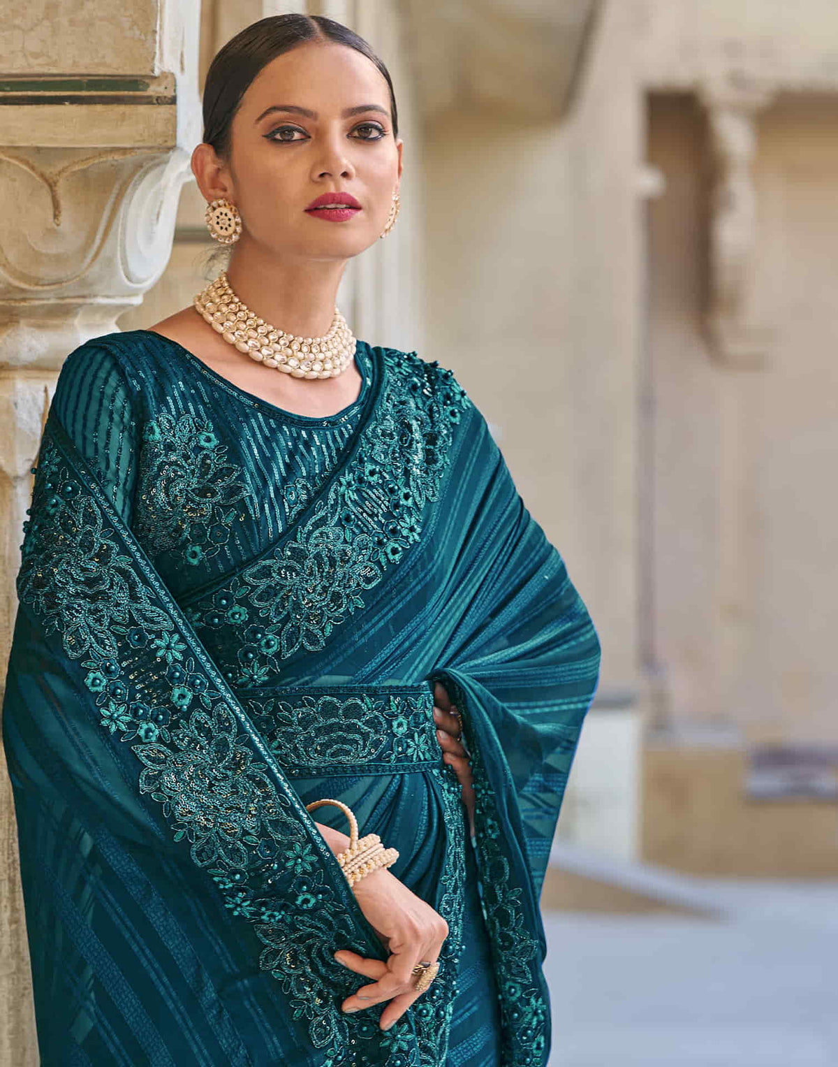 Sudathi Rama Blue Sequence Embroidery Chiffon Saree - PUSHMYCART