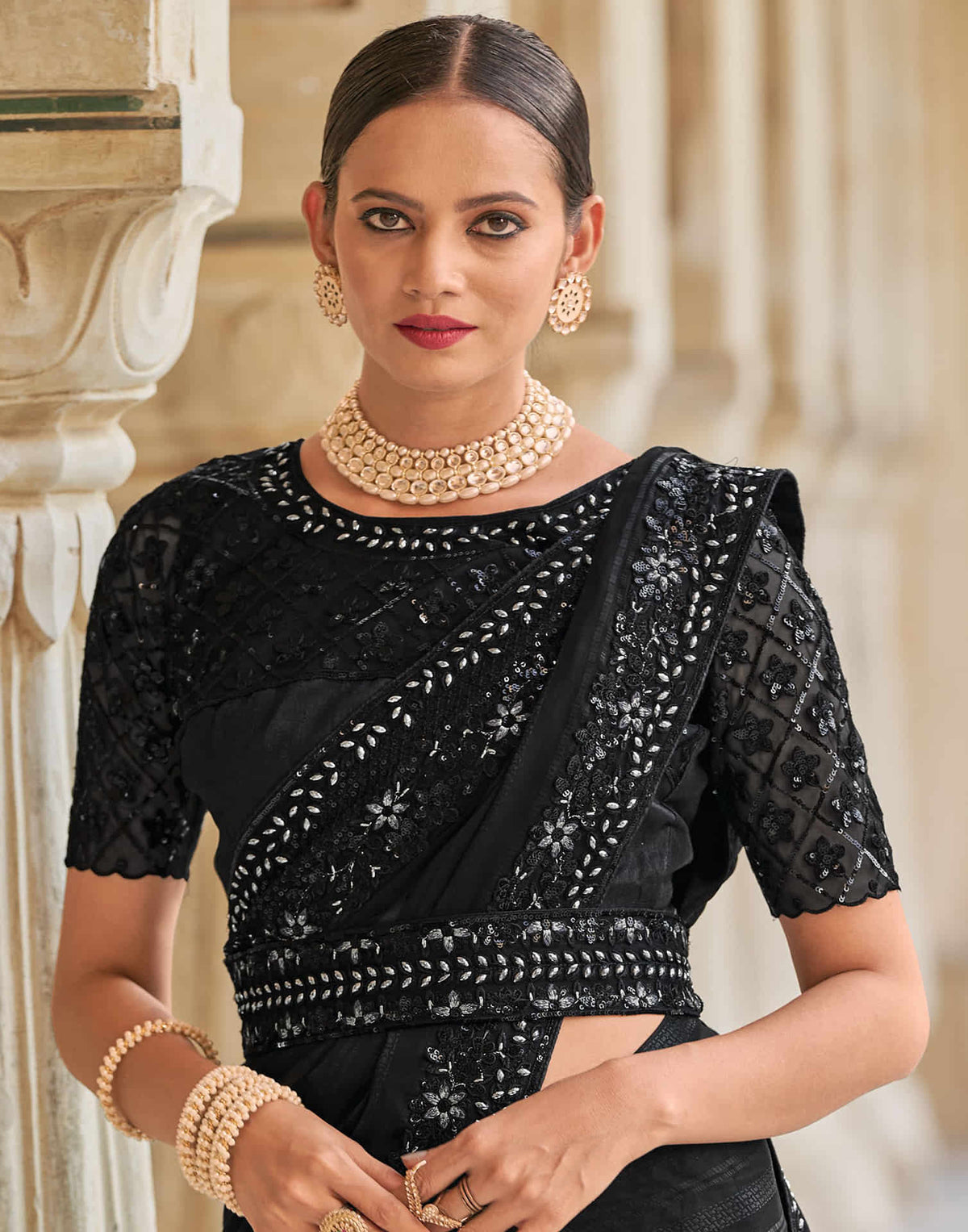 Sudathi Black Sequence Embroidery Chiffon Saree - PUSHMYCART