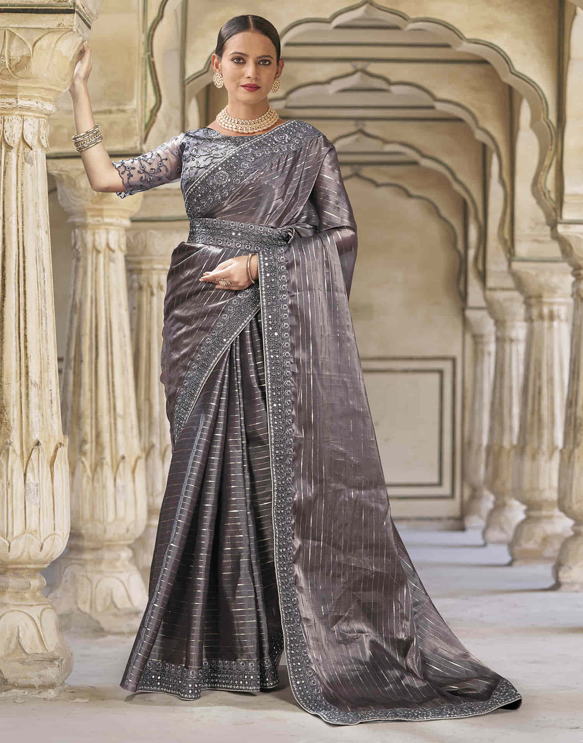 Sudathi Dark Dusty Mauve Embroidery Silk Saree