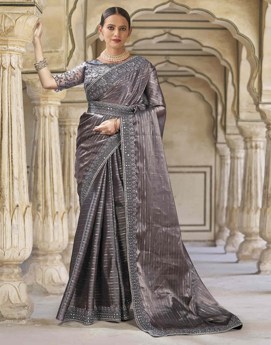 Sudathi Dark Dusty Mauve Embroidery Silk Saree