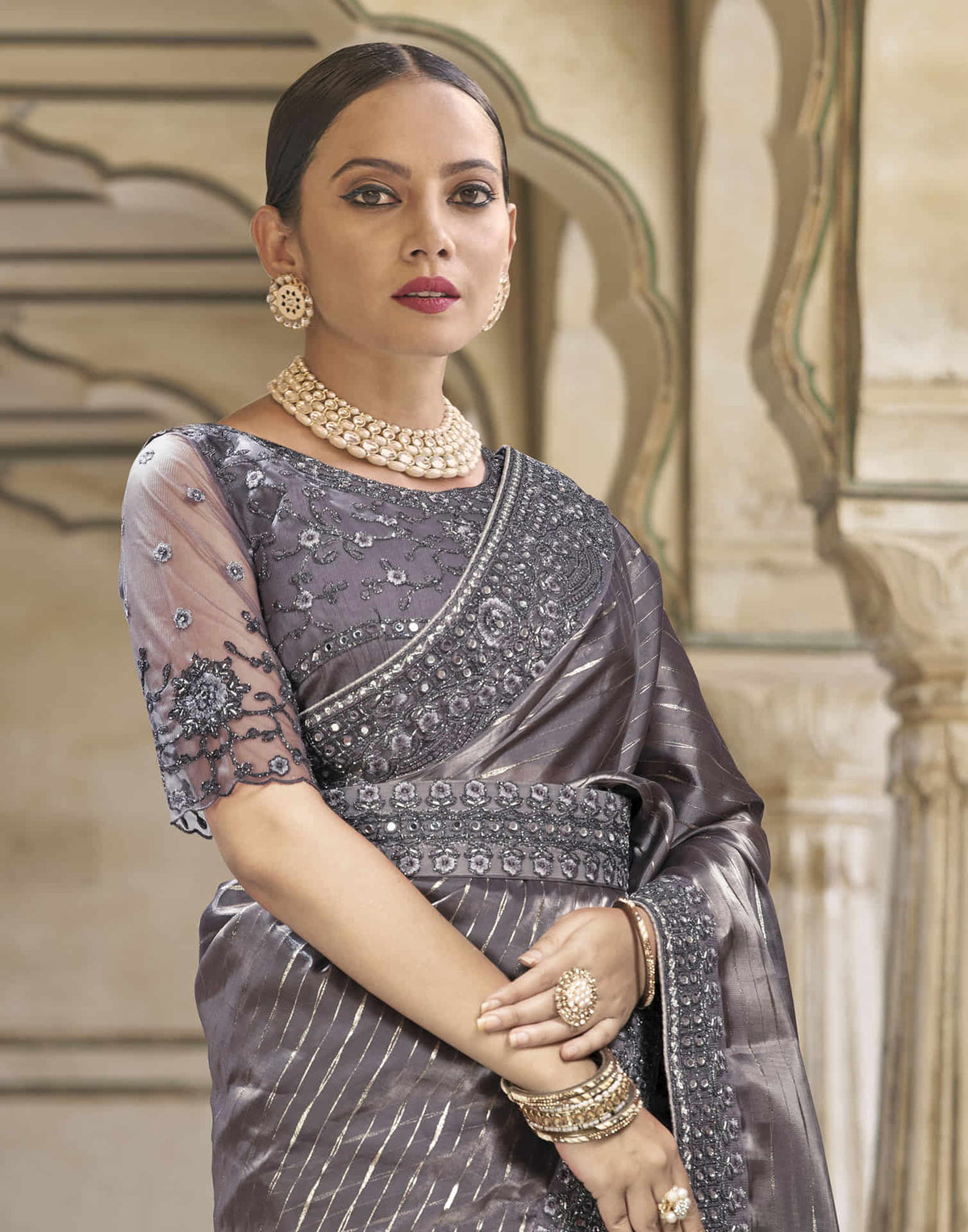 Sudathi Dark Dusty Mauve Embroidery Silk Saree - PUSHMYCART