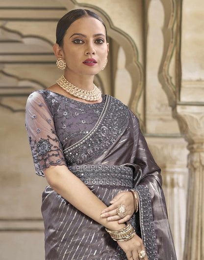Sudathi Dark Dusty Mauve Embroidery Silk Saree - PUSHMYCART