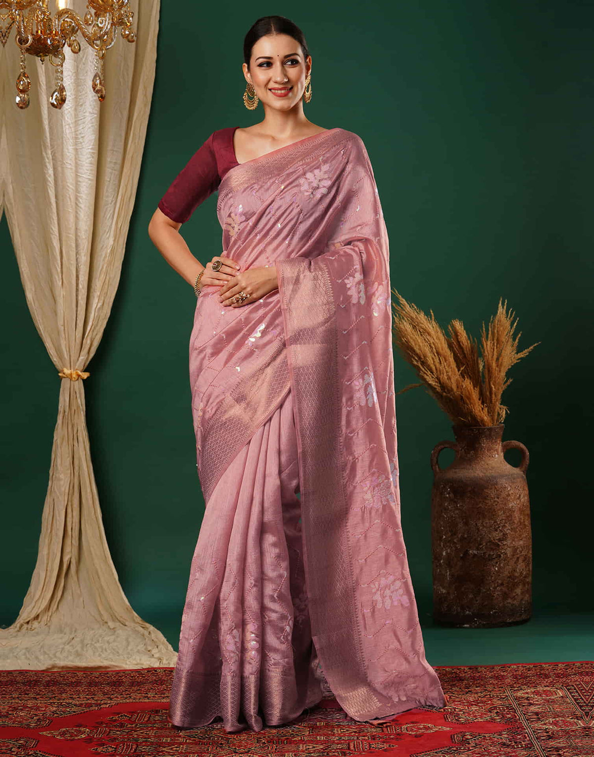 Sudathi Rose Pink Sequence Silk Saree - PUSHMYCART