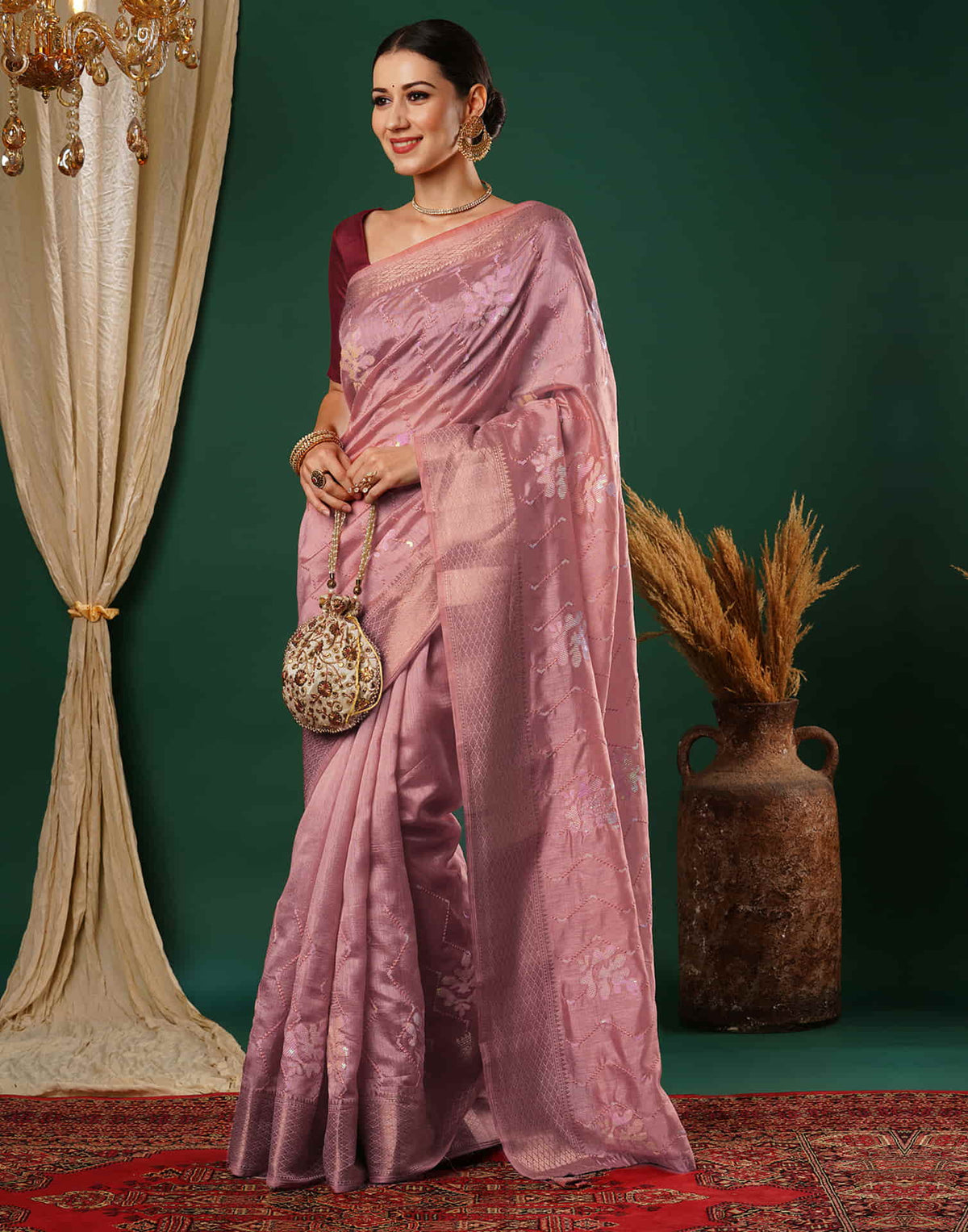 Sudathi Rose Pink Sequence Silk Saree