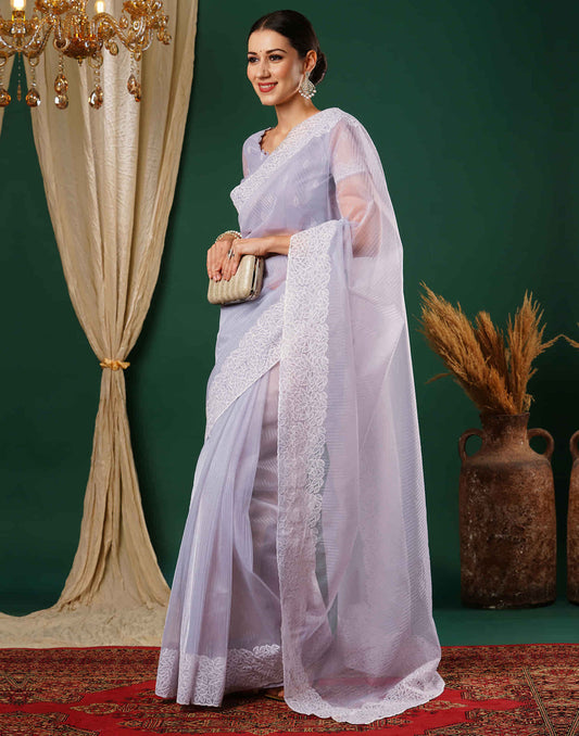 Sudathi Light Lavender Embroidery Net Saree - PUSHMYCART