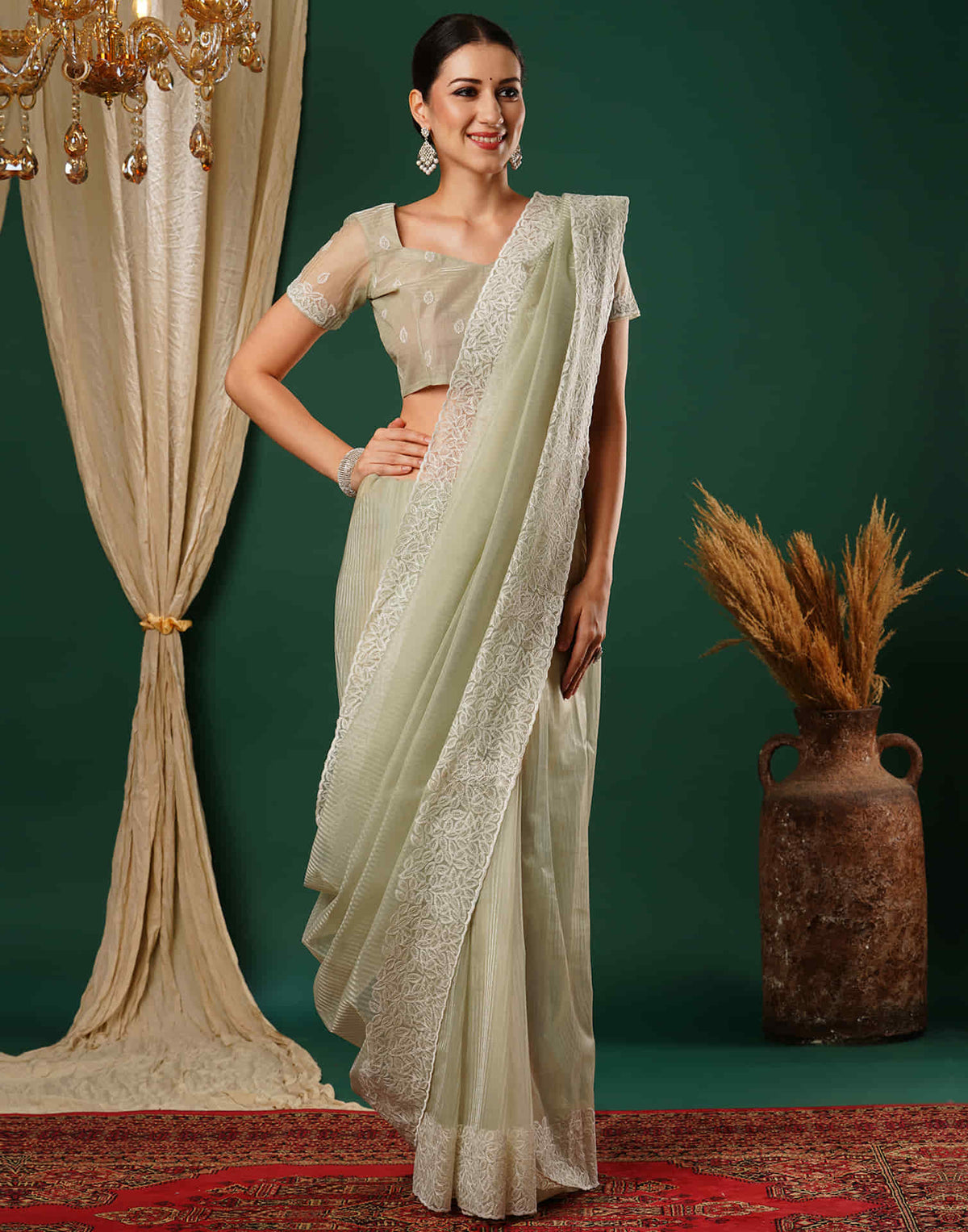 Sudathi Light Pista Green Embroidery Net Saree - PUSHMYCART