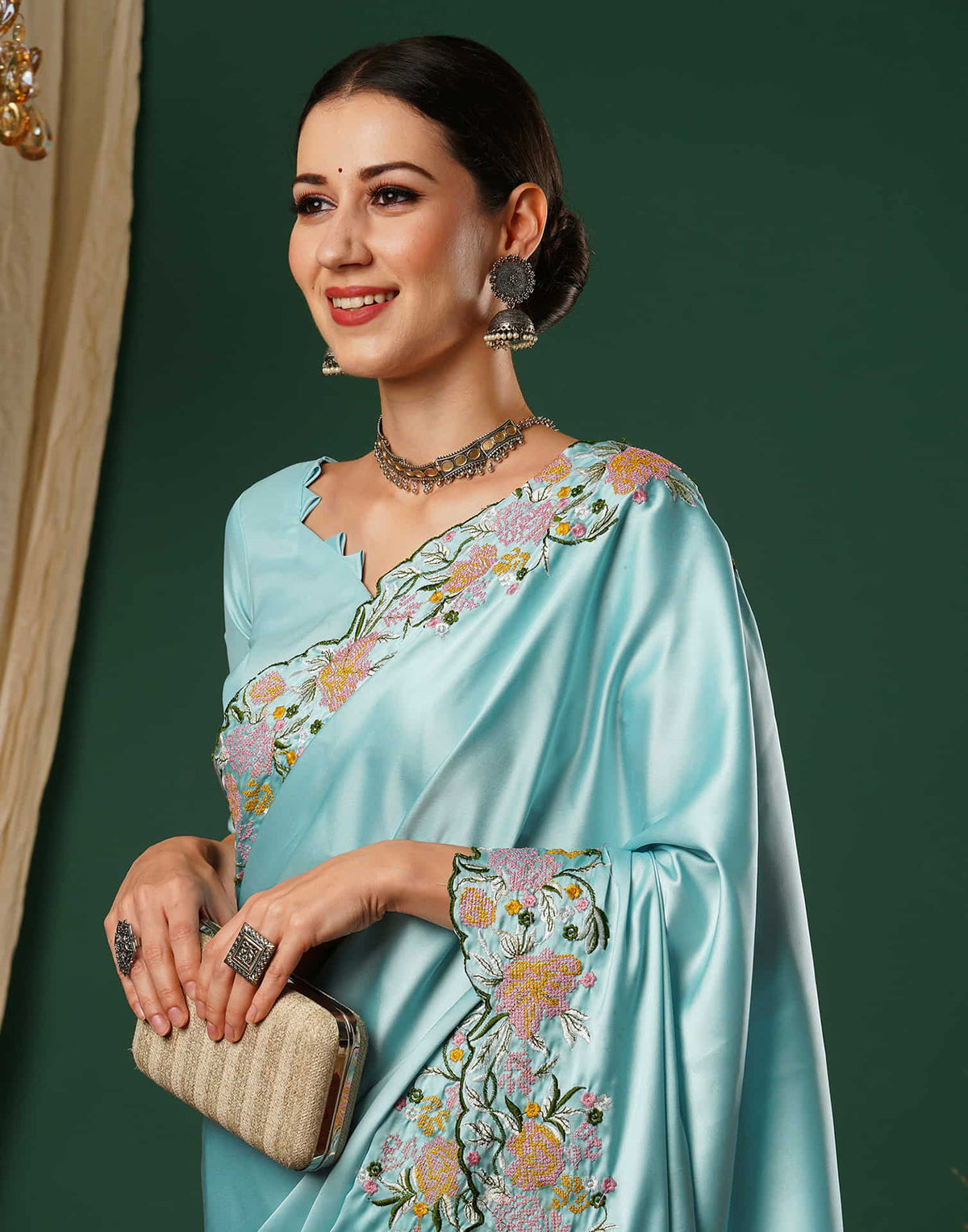 Sudathi Sky Blue Embroidery Satin Saree - PUSHMYCART