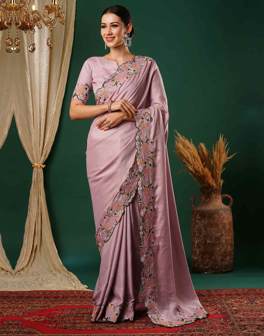 Sudathi Dusty Pink Embroidery Satin Saree - PUSHMYCART