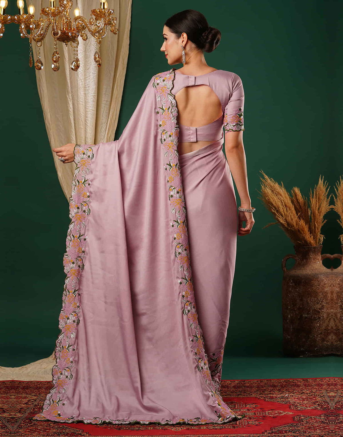 Sudathi Dusty Pink Embroidery Satin Saree - PUSHMYCART