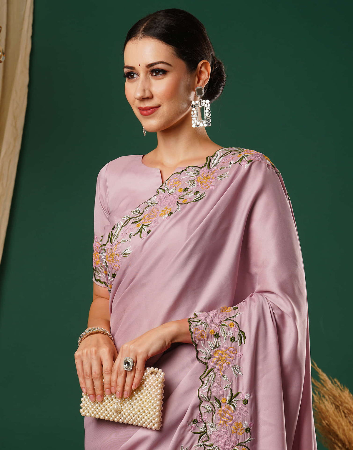 Sudathi Dusty Pink Embroidery Satin Saree - PUSHMYCART