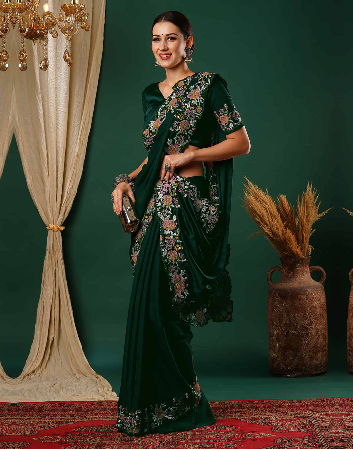 Sudathi Dark Green Embroidery Satin Saree - PUSHMYCART