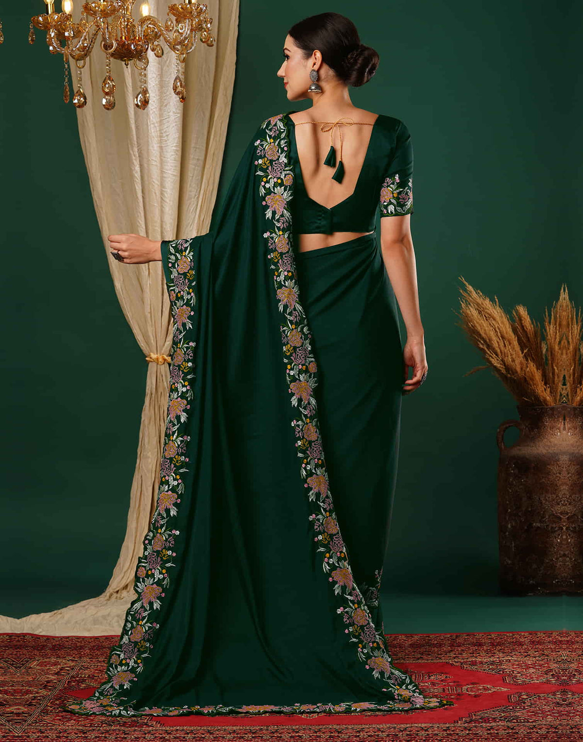 Sudathi Dark Green Embroidery Satin Saree - PUSHMYCART