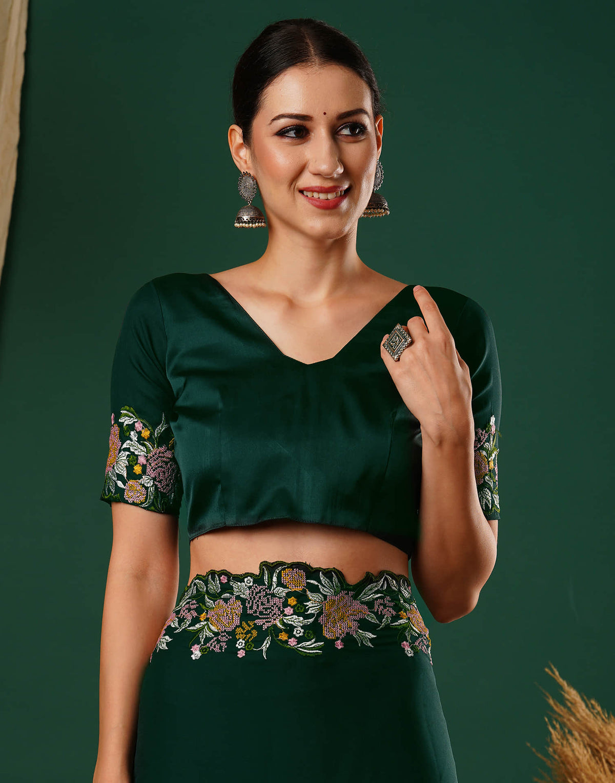 Sudathi Dark Green Embroidery Satin Saree - PUSHMYCART