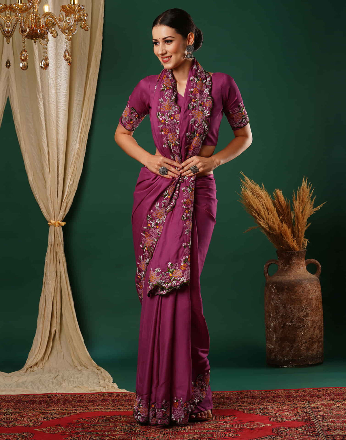 Sudathi Rani Pink Embroidery Satin Saree - PUSHMYCART