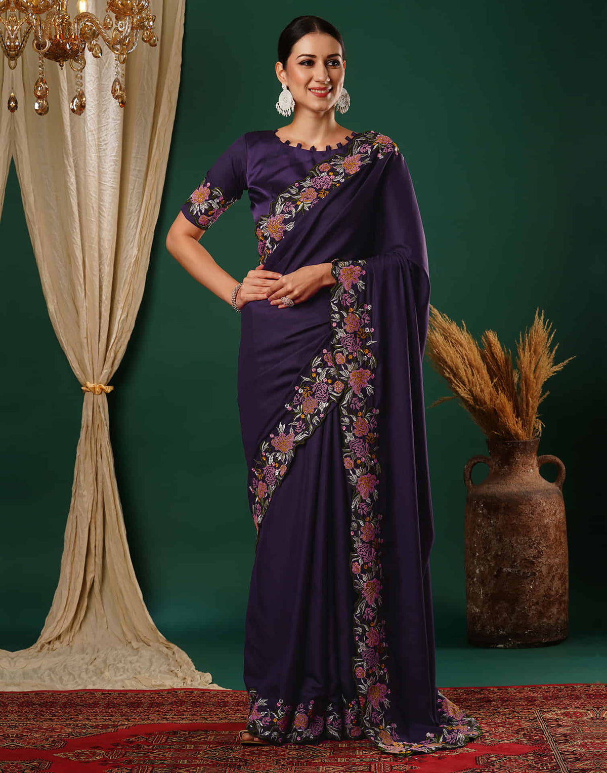 Sudathi Deep Purple Embroidery Satin Saree - PUSHMYCART
