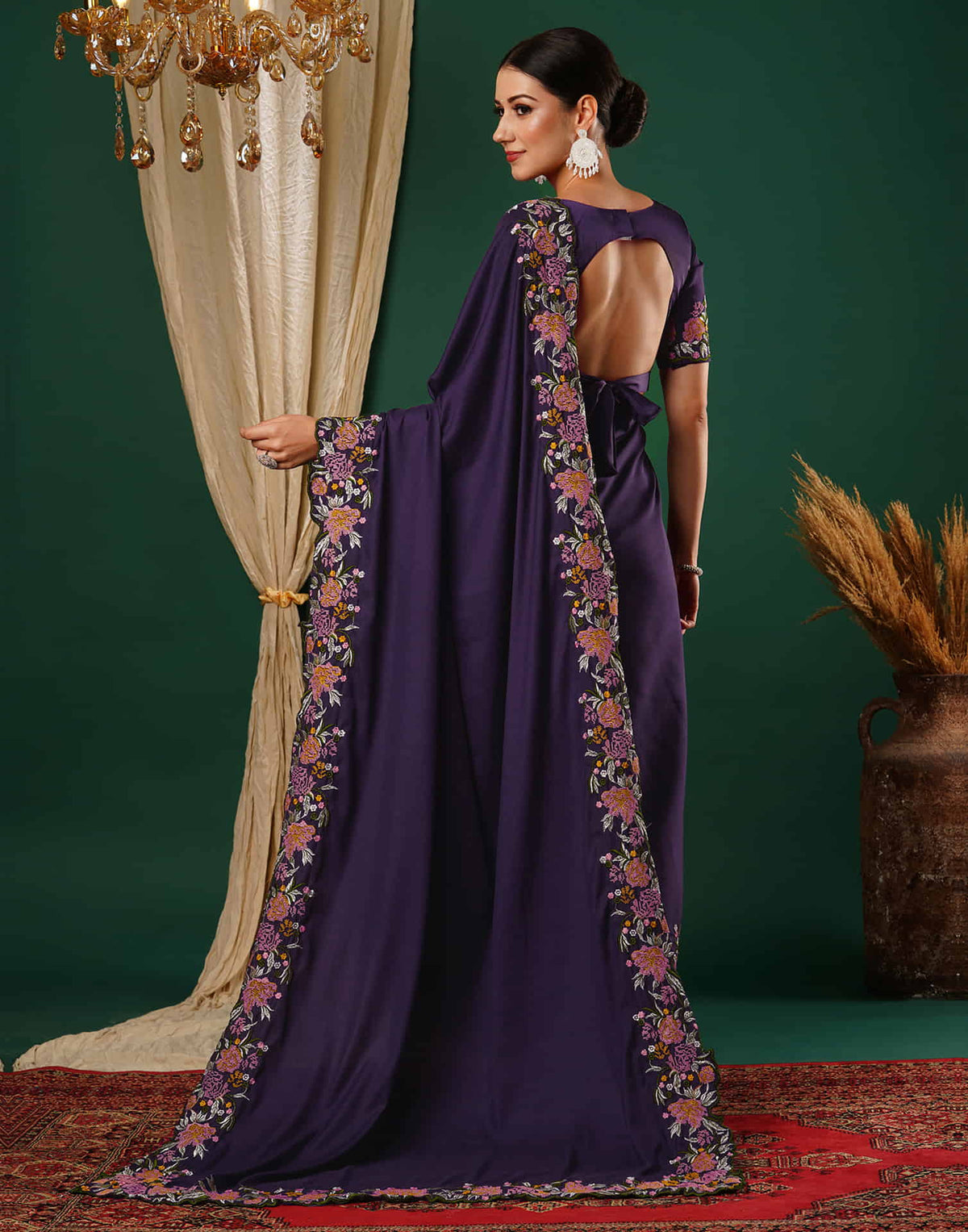 Sudathi Deep Purple Embroidery Satin Saree - PUSHMYCART