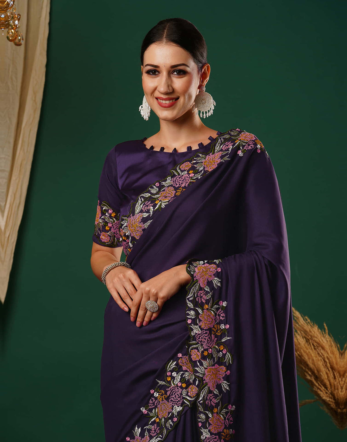 Sudathi Deep Purple Embroidery Satin Saree - PUSHMYCART
