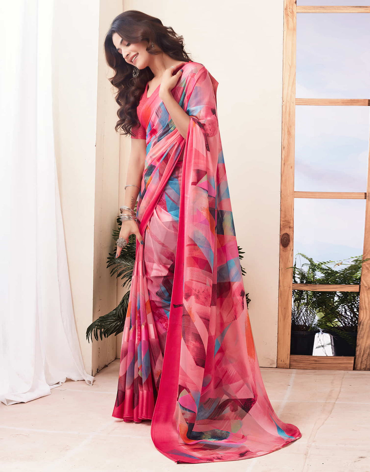 Sudathi Rose Pink Geometric Printed Georgette Saree - PUSHMYCART